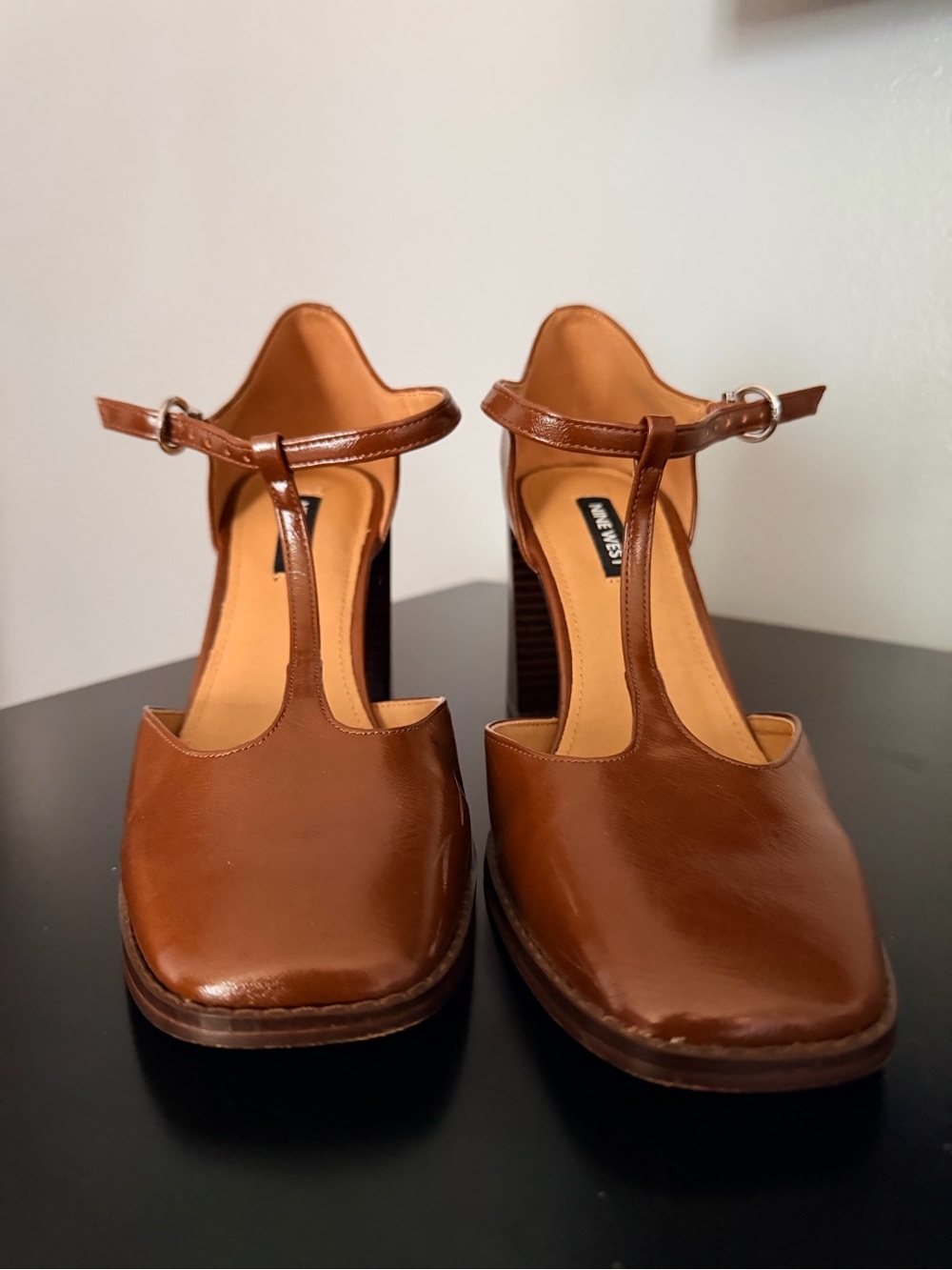 Nine West Brown Leather T-Strap Block Heels